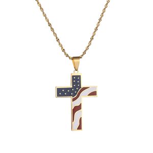 American USA Flag Cross Pendant Necklace Stars Stripes Enamel Jesus Religion Christian Necklace Jewelry