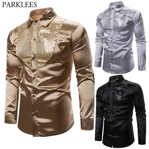 Mens Silk Dress Shirt Smooth Satin Men Long Sleeve Wedding Party Disco Men Tuxedo Shirts Shiny Sequin Button Men Chemise Homme 210524