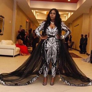 Chic African Black And White Jumpsuits Evening Dresses For Women 2022 Deep V Neck Long Sleeves Gliiter Sequins Appliques Prom Dress With Detachable Skirt Pant Gowns