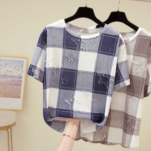 Übergroße Korea Sommer T-shirt Frauen Kleidung V-ausschnitt Kurzarm Baumwolle Plaid T-shirt Tops Casual Schwarz T-shirt Femme 210604