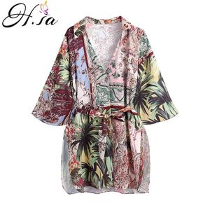 Hsa Lace Up da donna con scollo a V Kimono Cardigan Mini abito in cotone a maniche lunghe con telai Dresse Robe Style Abiti estivi allentati 210716