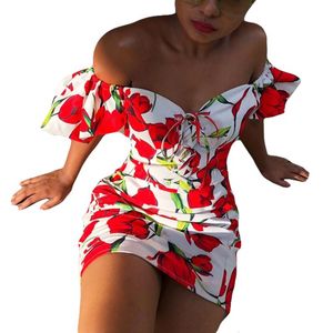 カジュアルドレスセクシーなファッション女性閉じるドレス、赤い花柄プリントパターン半袖Vネック臀部ビーチ、S / M / L、2021