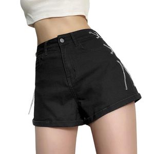 Calça shorts feminina lateral cadeia de metal jeans gentil de cintura alta calça curta
