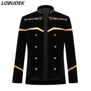 Plus Size Men's Black Stand Collar Court Jacket Bar Singer Embroidery Velvet Slim Suit Coat Stage Performance Breasted Blazers