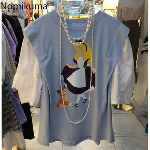 Nomikuma 여자 tshirts 한국어 히트 컬러 패치 워크 그래픽 티 인과 랜턴 짧은 소매 O 넥 인과 티셔츠 feminima 6g956 210427