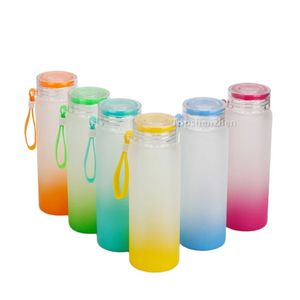 17oz Tumbler Sublimation Blank Glass Cups Water Bottle Frosted Gradient Matte Straight Drink Cup Glasses Mugs With Caps & Silicone Handles
