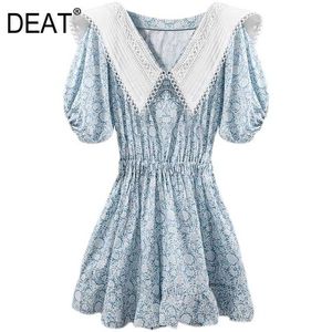 [DEAT] Summer Fashion Doll Collar High Waist Short Sleeve Printing Loose Temperament Elegant Dress Women 13D190 210527