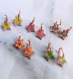 Rose Gold Color 2020 Boże Narodzenie prezent Biżuteria Kolorowa Emalia CZ Star Charm Dangle Drop Kolczyk