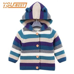 소녀 가을 겨울 옷 소년 스트라이프 곰 귀 니트 재킷 솔리드 컬러 상쾌한 키즈 겉옷 코트 아기 스웨터 210417