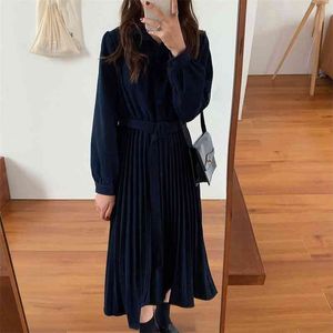 Autumn and Winter Pleated Waist Corduroy Dress Female Hepburn Style Retro Slim Midi Skirt GX1254 210507