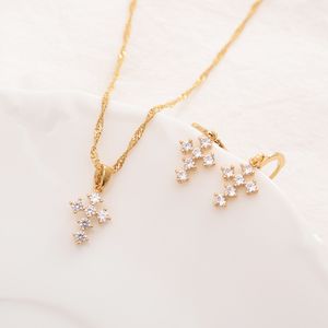 18 k Fine Gold cross Pendant Filled CZ White stone Coordinate Necklace chain Earrings sets Jewelry Christian Jesus