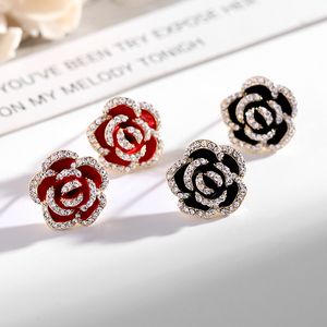 European Vintage Micro Diamond Rose Stud Earrings Women Luxury Brand Red Black Flower 3A Zircon Earrings Charm Female s925 Silver High Grade Earrings Jewelry Gift