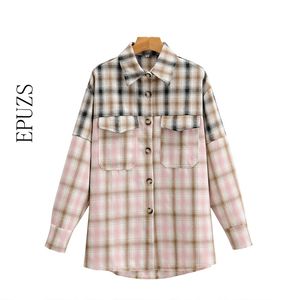 Vintage women Plaid Jacket and Coats Fashion Slim Pocket Long Sleeve shirt Casual Famale Chi Outerwear 210521