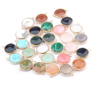 Partihandel Flat Round Charms Natursten Connector Rose Quartz Tiger Eyes Pendant DIY för Druzy Halsband Örhängen eller Smycken Making 18x21x7mm