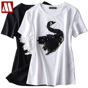Mode Söt Swan Broderi T Shirt Kvinnor Märke T-shirt Casual Loose Short Sleeve O Neck Female Animal Tops Tee 210623