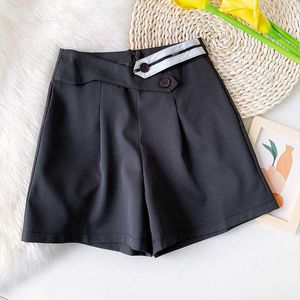 Surmiitro sommar mode kostym shorts kvinnor avslappnad koreansk stil vit svart brett ben höga midja kvinnliga korta byxor 210712