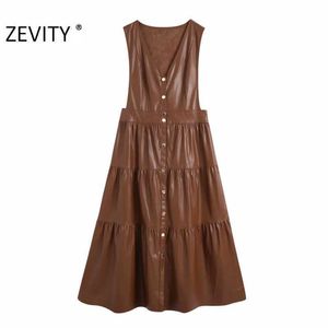 Zevity Women Vintage V Neck Single Breasted Faux Leather Sleeveless Vest Dress Female Chic Casual Pleats Midi Vestido DS4622 210603