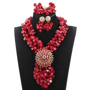 Earrings & Necklace 2 Layers Dark Red Chip Coral African Bride Jewelry Set Nigeria Wedding Bib Bracelet AC115