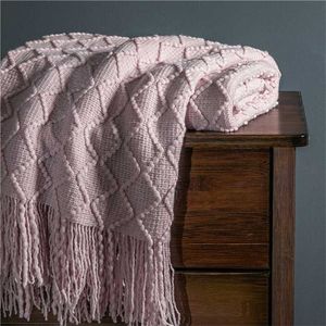 Pink Blanket Sofa Throw with Tassels Knitted Thread for Winter Warm 150x200 Nordic Soft Bed Tapestr 211122