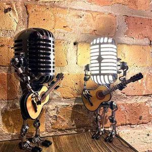 Steampunk Vintage Microphone Robot Lamp Industrial Metal Decor Table Touch Dimmer Home Desktop Ornament 210924