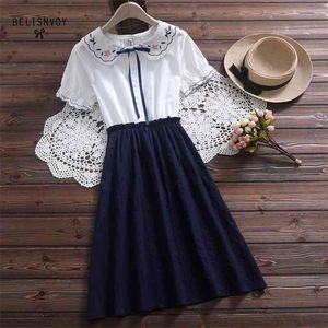 Japoński styl preppy Summer Vestido de Verano Kontrast Contrast Color Bow 3colour Sweet Dress Cute Mini Robe Femme Krótki Rękaw 210520