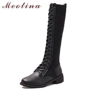 Winter Knee High Boots Women Natural Genuine Leather Thick Heel Long Lace Up Round Toe Shoes Lady Fall Size 35-39 210517
