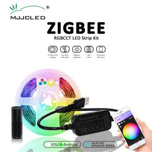 GLEDOPTO 2M RGBCCT ZIGBEE LED قطاع ضوء التلفزيون الخلفية الذكية كيت 5 فولت usb rgb cct شريط شريط الشريط مصباح العمل مع hub alexa صدى