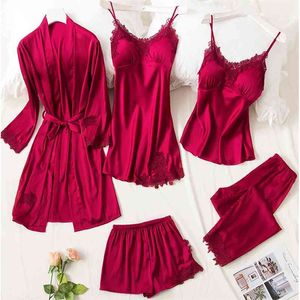 5 pcs robe sono terno pijama conjunto sexy laço mancha vermelho pijama seda pijama vestido vestido vestido robe sleepwear pads 210713