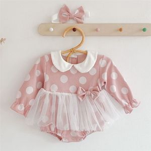 Spring Autumn Infant Baby Girls Dot Bowknot Rompers Hair Band Clothing Kids Girl Long Sleeve Clothes 210521