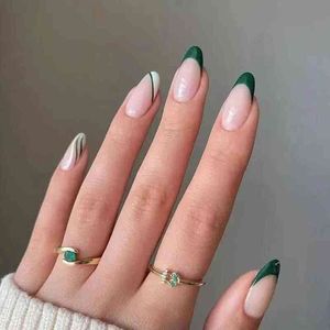 Falska naglar Oval Head Green Almond Artificial Fake With Lim Full Cover Nail Tips Tryck på DIY Manicure Tools