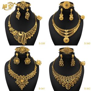 Ohrringe Halskette XUHUANG Afrikanisches Gold Feines Schmuckset Nigerianische Braut Hochzeit Blumenmuster Accessoires Arabische Frauen Schmuck Geschenke