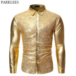 Gold Shiny Night Club Wear Mens Dress Shirts Metallic Sequin Paillette Glitter Chemise Party Disco Dance Prom Bling Shirt Male 210522