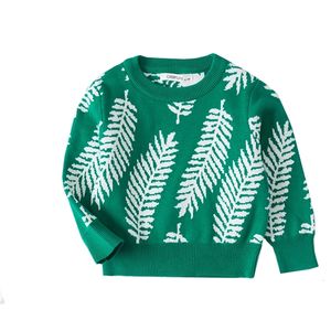 Осень зимняя пуловер Baby Girl Green Листья Жаккардовый узор Мальчики хлопчатобумажные свитеры малышей детский свитер 210417