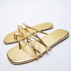 2021 Sommar gyllene sandaler platta tunna bälte low-heel tofflor Women's Shoes Toe Enkel Stor Storlek 36-42