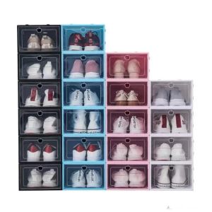 Toys Organization al por mayor-Espesano Cajas de zapatos de plástico Claro Caja de almacenamiento de zapatos a prueba de polvo transparente Flip caramelo Color apilable zapatos Organizador cajas al por mayor