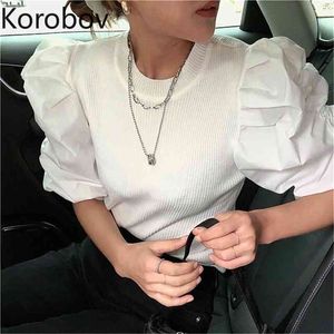 Korobov New Coreano Mulheres Blusas Elegante Doce Doce Trackwork PuffWork Suff Feminino Camisas Vintage Streetwear Camisa 210430