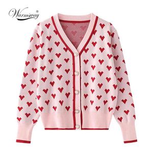 Estilo Preppy Coração Rosa Malha Cardigans Intelsia Sweater Mulheres V Pescoço Solto Elegaht Engrossar Pull Femme Casaco Casual C-099 210812