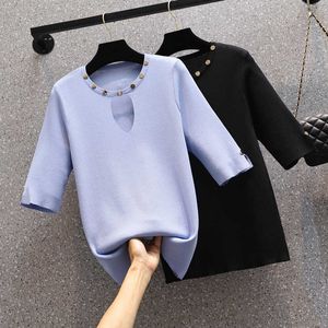 Pulôver de malha coreano korean knitwear moda mulheres fina camisola de manga curta suéter fresco ropa mujer macio jumper tops 210604