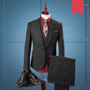 England Gentleman 3 Pieces Suit 2021 Suits For Men Black Checkered Tweed Tailored Wedding Mens Suit(Jacket Vest Pants) 9751