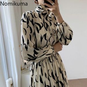 Nomikuma Koreansk Stand Neck Print Dresses Puff Sleeve Lace Up Slim Waist A-Line Vestidos Vår Nya Kvinnor Elegant Klänning 6e923 210427