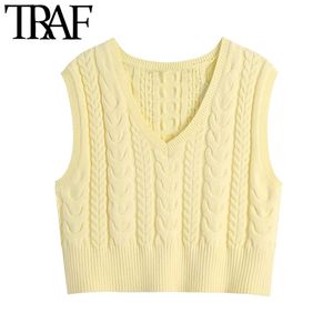 Traf Women Sweet Fashion Cropped Cott-Kinit Sweater Vintage V Szyjka Schowe kamizelki