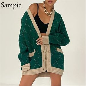 Sampic Lose Argyle Grün Winter Frauen Strickjacken V-ausschnitt Lässig Gestrickte Übergroße Langarm Y2K Pullover Mode Basic Tops 210914