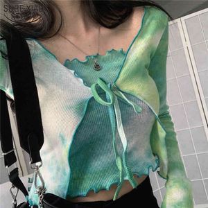 Casual Lace Up Lady's Blouse+Camis Chemisier Femme Tie Dye Blouse Women Sexy V-Neck Long Sleeve Female Top Summer 10372 210508