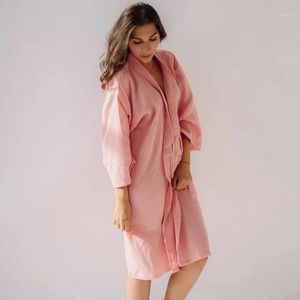 Women's Sleepwear Restve Cotton Women Robes Lace Up Three Quarter Sleeve Solid Long Bathrobe Female Summer Casual Home Robe Elegant Nightwea