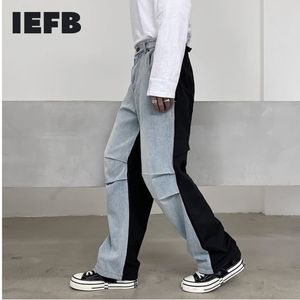 IEFB Men's Wear Color Block Patchwork Work Clothes Jeans Loose Wide Leg Fold Leg Pants Male Spring Pdenim Pants 9Y3754 210524