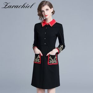 Vintage Golden Embroidery Black Winter Autumn Women Hit Color Turn-Down Collar Wrist Sleeve Pocket A-Line Mini Dress 210416