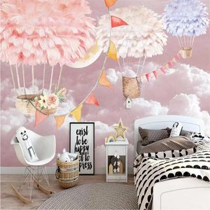 Tapety Nordic Pink Air Balloon Gwiaździste Niebo Pokój dziecięcy Tło Wall Paper 3D Princess Mural Tapeta Papel de Parede