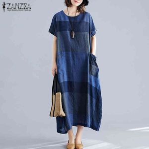 ZANZEA Fashion Womens Check Sundress Summer Dress Manica corta Maxi Abiti Donna Casual Dress Plus Size O Neck Plaid Robe X0521