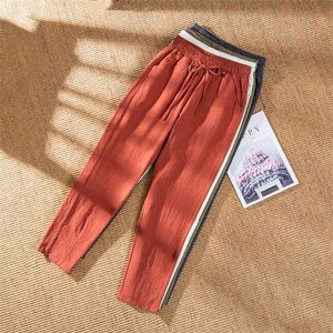 Woman Summer Harem Pants Vintage Candy Colors Cotton Linen Wide Leg Solid Elastic Waist Ankle-length s Trousers 210925
