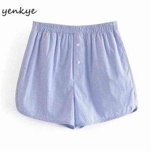 Ljusblå randiga shorts kvinnor elastisk hög midja casual kort femme sommar pantaloner cortos de mujer 210514